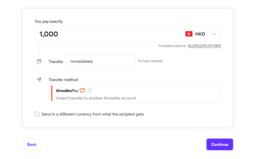 Instant transfers between Airwallex users, verified recipients, and no transaction limits.