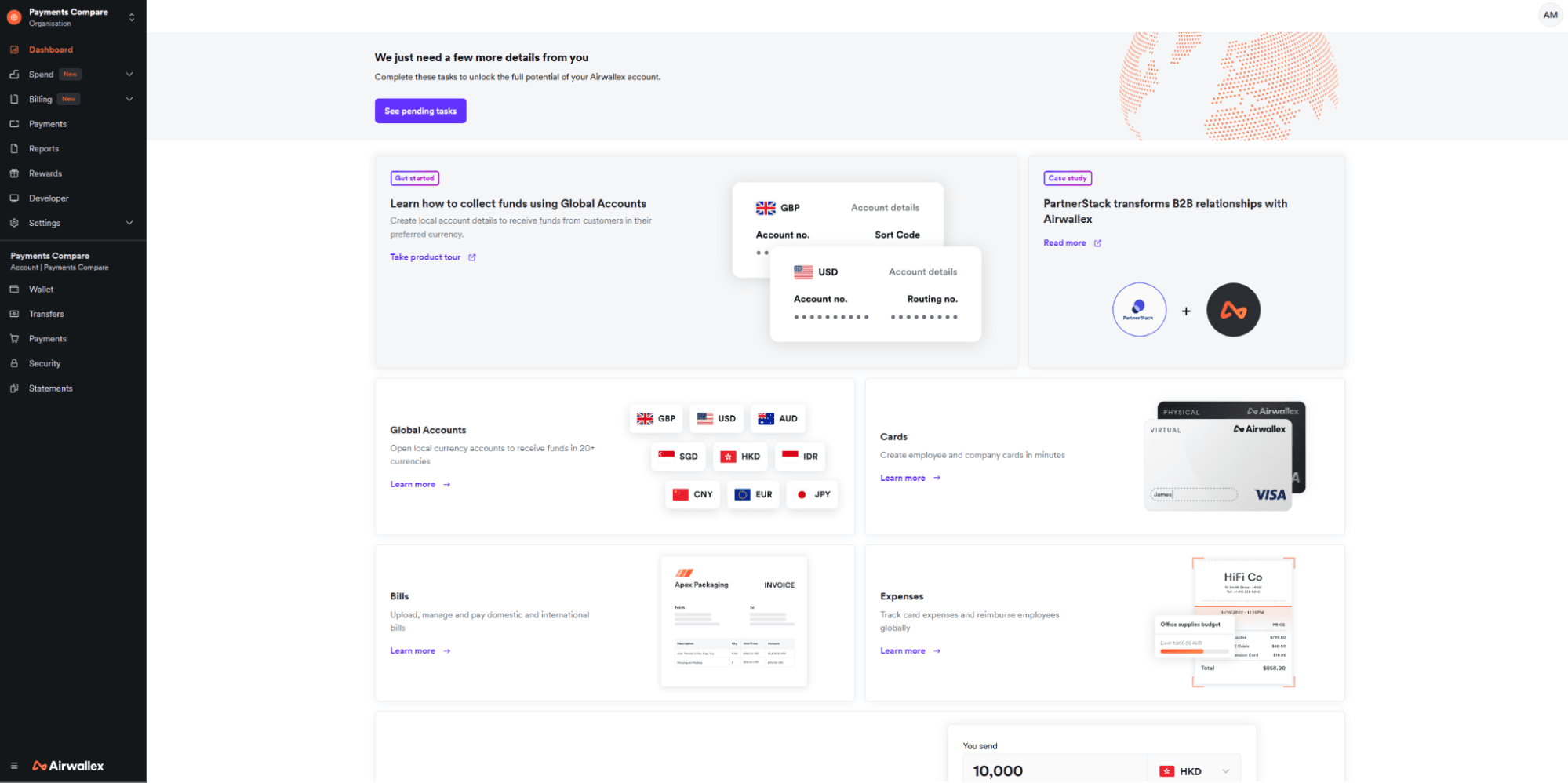 The main navigation menu covering wallets, transfers, cards, and reporting.